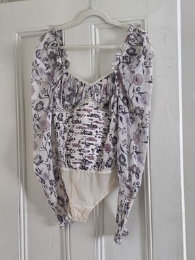 Free People Cream Floral Smocked Bodysuit with Purple Accents Size XS
